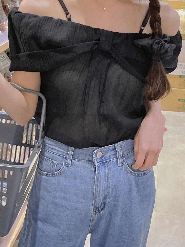 Women's Solid Color Fitted Off Shoulder Bow Blouse, Elegant Summer Holiday Top Going Out Tops