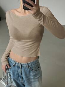 DAZY 新品秋季露肩修身女式透明T恤，返校服长袖女式上衣，秋季女装