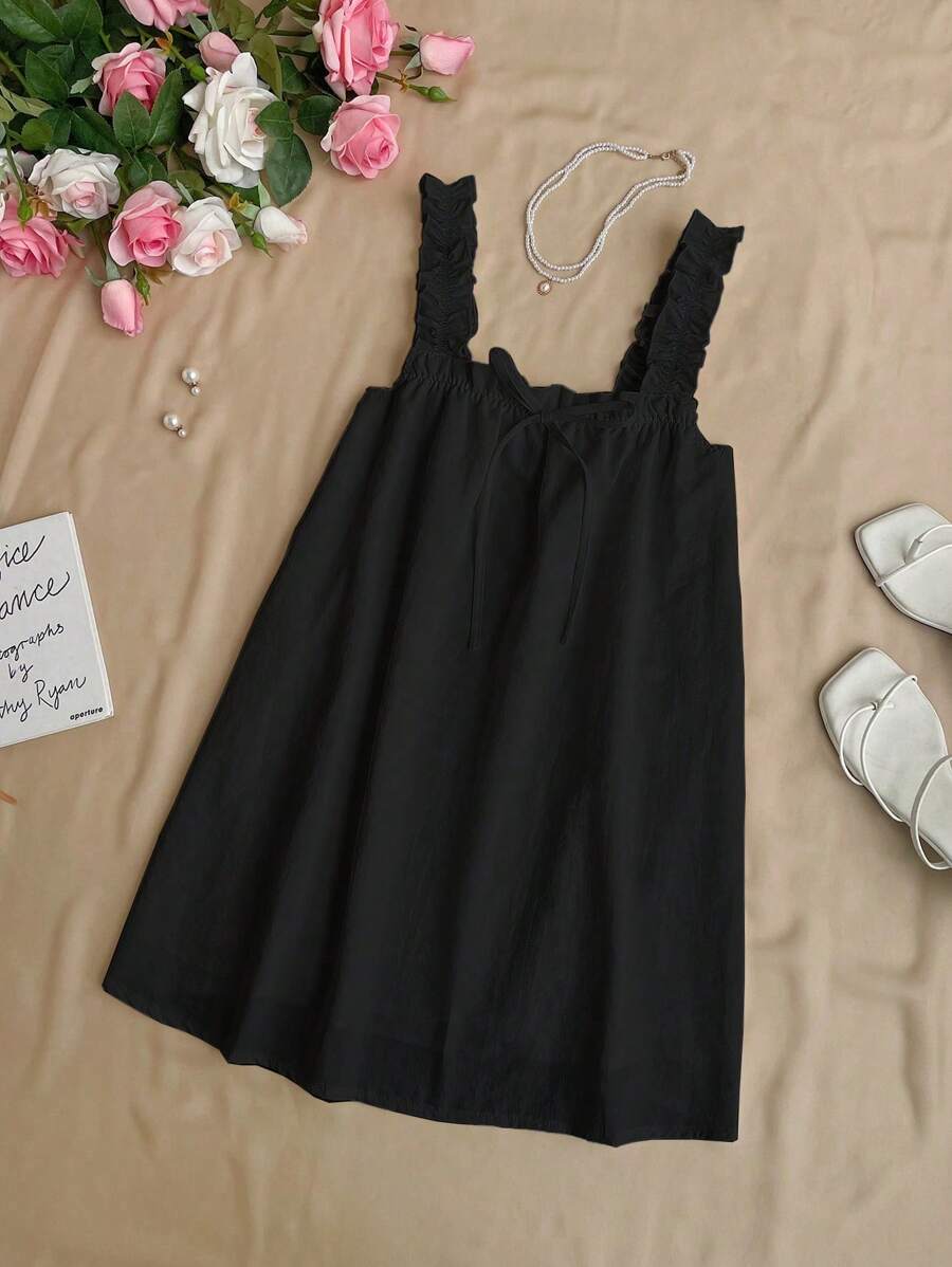 Flirla Vestido mini com babados em A-line, com alças grossas, vestido casual de boneca em cor sólida, verão - Preto - Visão 1