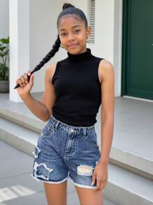 Tween Girls Moda Big Tween Girl Lavagem média Estrela de cinco pontas Apliques Bordado Desgastado Casual Cintura Elástica Denim Shorts - Lavagem Média - Ver 5