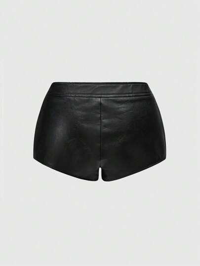 ROMWE Avant Shorts ultra-courts en PU à taille basse, noirs, décorés de rivets et d'anneaux, style sexy punk goth pour femmes