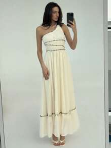 Aloruh Spring Summer Romantic Date Vacation Contrast Color Spaghetti Strap Dress For Women - Apricot - View 5