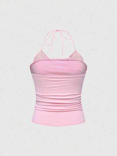 Women's 2 In 1 Rhinestone Lace Trim Halter Neck Drawstring Tank Top