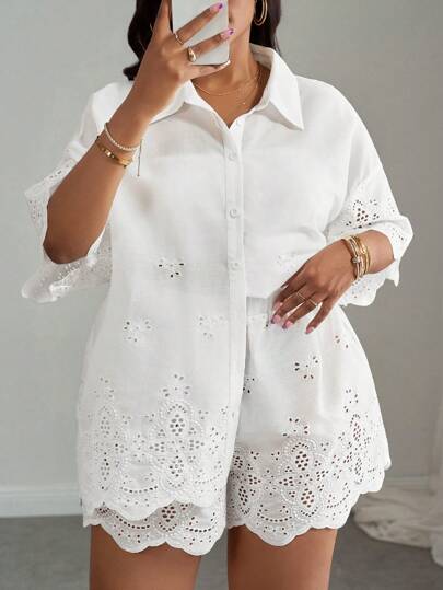 Slaydiva 2025 Spring/Summer New Music Festival, Easter, Western, Boho, Nashville Dress, Suitable For Birthday Party, Graduation, Student Wear, Everyday, All-Match Versatile, Casual, Vacation, Cruise, Beach, Seaside, Sunbathing, Leisure Resort, Yellow Lace Hollow Out Sexy See-Through Blouse Shorts Set, Loose Fit Plus Size 2pcs