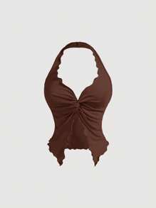 SHEIN MOD Women Halter Twist Knitted Tank Tops, Brown Crop Tops, Summer Sleeveless Top, Music Festival