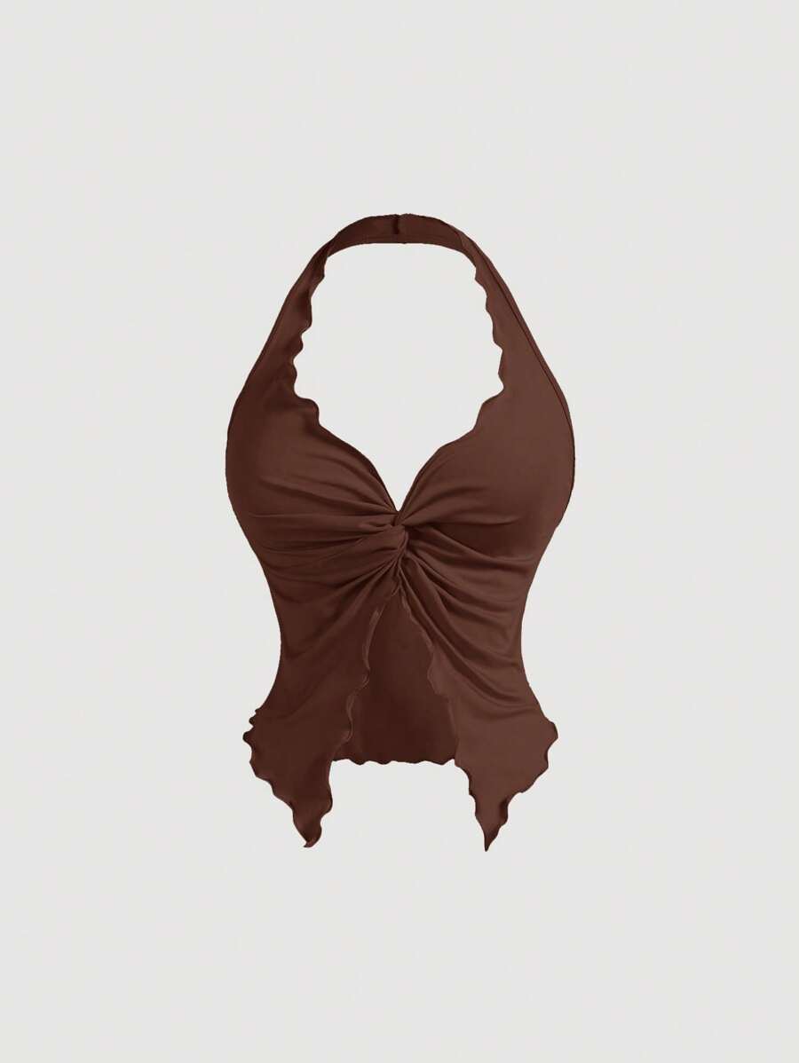 SHEIN MOD Women Halter Twist Knitted Tank Tops, Brown Crop Tops, Summer Sleeveless Top, Music Festival