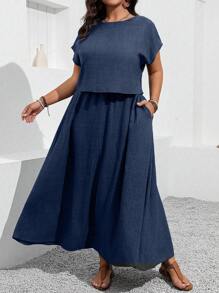 EMERY ROSE Plus Size Vacation Casual Solid Color Shirt & Skirt 2pcs Set - Navy Blue - View 1