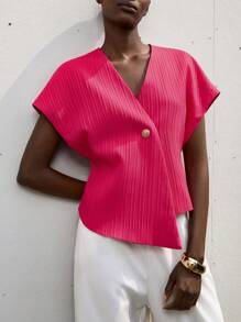 Aveloria Minimalist Deconstructed Oversized V-Neck Single-Button Asymmetrical Hem Sleeveless Blouse, Workwear For Women In Autumn - Hot Pink - View 5