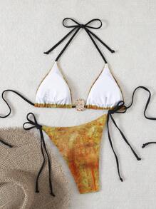 SHEIN Swim 2 pièces Ensemble de bikini avec accent métallique pour femmes en printemps, maillot de bain sexy à imprimé bandage - Multicolore - Voir 2