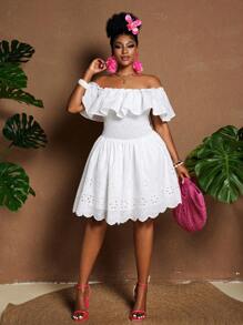 Maweii Plus Size Off Shoulder Ruffle Floral Print Dress, Fashionable For Summer - White - View 6