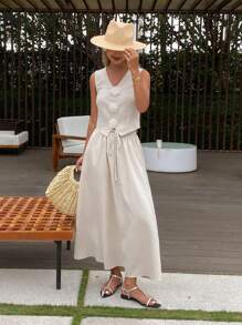 DAZY Women Two Pieces Outfits For Daily Wear Linen - White - View 4