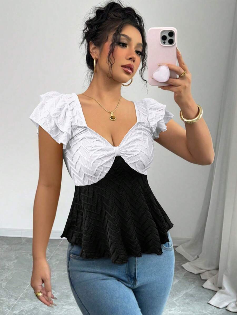 SHEIN Clasi Women Short Sleeve Colorblock T-Shirt, Minimalist Fashion Design Suitable For Summer - Black - View 1