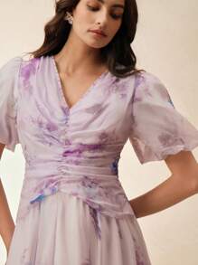 Anewsta Women's Ditsy Floral Summer French Fashion Puff Sleeve V-Neck Cinched Waist Elegant Dress - Purple - View 3
