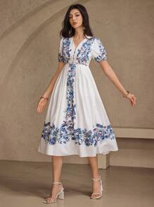 DAZY Vestido de mujer de largo medio con estampado de porcelana azul y blanco con escote en V, atuendo bohemio de vacaciones - Azul - Ver 6