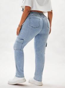 SHEIN ICON Plus Size Women Denim Bootcut Jeans Washed Distressed Light Blue Stretch Skinny Summer For Women Festival Cowboy For Women Cargo Jeans Women - Light Wash - View 3