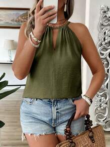 SHEIN LUNE Plus Size Stylish Apricot Spaghetti Strap Casual Loose Slimming Concealing Skirt Sexy Shoulder Strap Chic Ladies Camisole - Army Green - View 8
