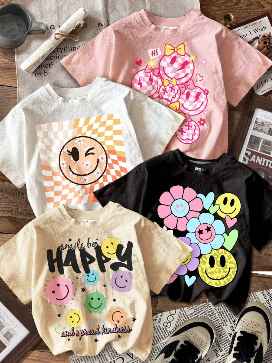 SHEIN 4pcs Young Girl Casual Smiling Face, Letter, Floral, Heart Graphic Print Crew Neck Short Sleeve Basic T-Shirt, Comfortable & Simple, Suitable For Spring & Summer