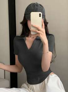 DAZY Women's Polo Collar Short Sleeve T-Shirt, New Spring/Summer - Grey - View 7