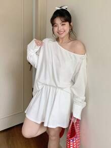 Dazy Plus 2 Pieces Set: Solid Color Loose Boat Neck Long Sleeve Pullover Top And Elastic Waist Skirt,Fall Women Clothes - White - View 7