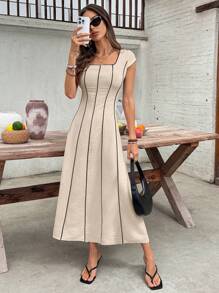 SHEIN Frenchy Abito casual da donna con scollo quadrato, maniche a palloncino e righe