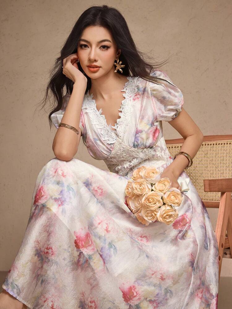 Women's Floral Lace Patchwork Cinched Waist Dress, Summer Dress