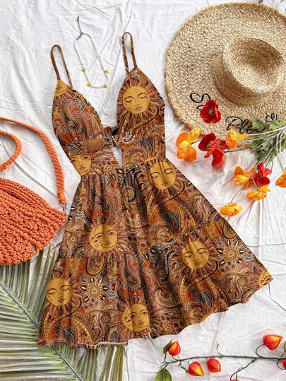 Soleia Casual Vacation Style Gold Sun God Paisley Cashew Pattern Women Casual Vacation V-Neck Hollow-Out Ruffled Mini Dress, Suitable For Summer, Suitable For Vacation Summer Dresses For Women,Sun Dresses For Women Chic Dress