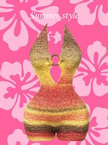 Slaydiva 新款大地色棕色镂空装饰圆形吊带紧身针织连体短裤，休闲度假风，春夏