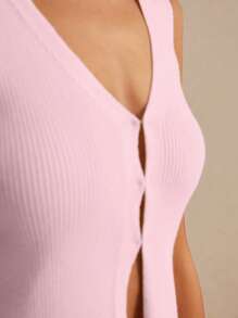 Poéselle Women's Casual Solid Color Knitted Vest For Summer - Baby Pink - View 5