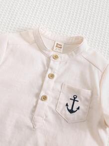 Cozy Pixies 2pcs Baby Boy Solid Color Stand Collar Short Sleeve Cardigan And Elastic Waist Shorts Set - Multicolor - View 5
