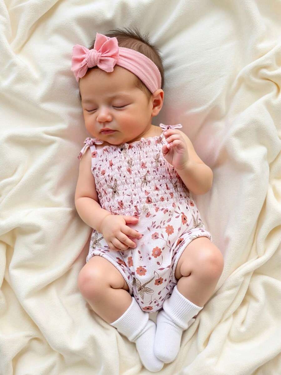 Baby Girls' Ditsy Floral Printed Spaghetti Strap Bodysuit - Apricot - View 1