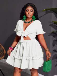 Slaydiva Plus Size Women's White Mini Dress,Summer Holiday Party Wedding Guest Holiday, Vacation Fitted A-Line Ruffled Chest Tie Knot Details - White - View 6