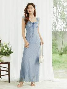 SHEIN LUNE Textured Plaid Ruffle Collar Fishtail Hem Elegant Dress For Women Graduation Dress - Blue - View 6
