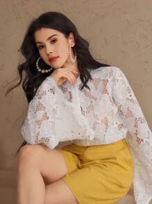 DAZY Women Lace Collar Flare Sleeve Solid Sheer Button Front Blouse,Fall Women Clothes Long Sleeve Top - Beige - View 7