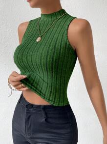 SHEIN Women's Solid Color Stand Collar Ribbed Slim Fit Casual Tank Top - Multicolor - View 3