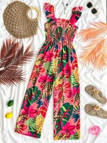 SHEIN Teen Girl Floral Print Square Neck Cap Sleeve Wide Leg Jumpsuit, Suitable For Vacation, Music Festival, Bohemian, Holiday, Date And Afternoon Tea
