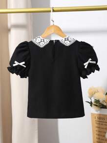 Tween Girl Black Textured Fabric Shirt, Collar With Floral Trim, White Decorative Bow, Casual Summer Fashion Blouse - Black - View 2