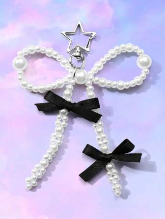 Kawaii 1pc Minimalist Multi-Purpose Handmade Faux Pearl & Ribbon Bow Star Keychain/Bag Charm, Suitable For Women & Girls, Daily Wear Or Gift Valentines
