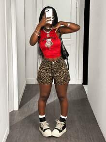 Slaydiva 女式豹纹休闲百搭牛仔短裤，带口袋 - 彩色 - 查看 6