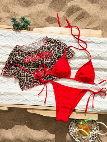 Swim Mod 3pcs Sweet Crochet Women's Swimsuit Set - Pineapple & Leopard Print Coverup, Solid Red Halter Tie-Back Top And Tie-Side Red Bottoms For Summer Beach Vacation