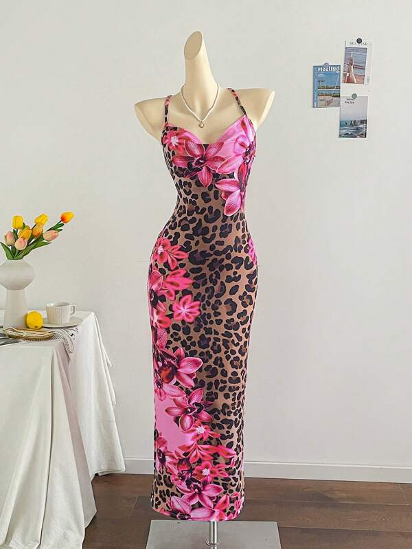 Soleia Vintage Leoparden- und Blumenmuster Kleid mit tiefem Ausschnitt, Krawattenrücken und Träger für Damen, sexy rückenfreies Design, geeignet für Urlaub, Hochzeit, Party, Feiertage, Musikfestival, Boho-Stil
