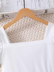 Girl's Solid Color Pearl Square Neck Cake Dress - White - View 5