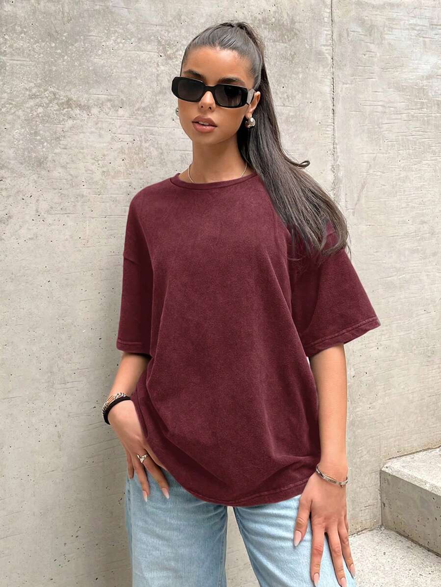Muchica Wine Red Knitted Women's Vintage Casual Loose T-Shirt - Burgundy - View 1