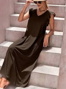 RueChic Plain Color V-Neck Ruffle Hem Casual Vacation Sleeveless Dress