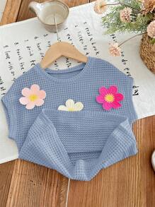 SHEIN LMoss Kids 年轻女孩时尚彩色花卉针织纯色圆领 T 恤 - 藍色 - 查看 4