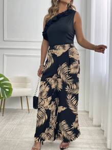 SHEIN CURVE+ Conjunto de 2 piezas de talla grande de verano informal con top crop sin mangas con volantes y pantalones de pierna ancha - Multicolor - Ver 3
