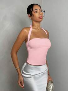 Glamine 性感白色露背褶皱无袖背心，外出背心，女士派对上衣，节日狂欢背心 - 粉色 - 查看 5