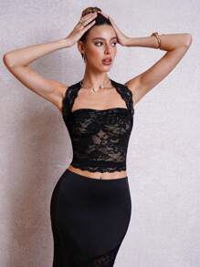 SHEIN Clasi Regata Ajustada Preta de Renda Semitransparente com Amarração no Pescoço para Mulheres