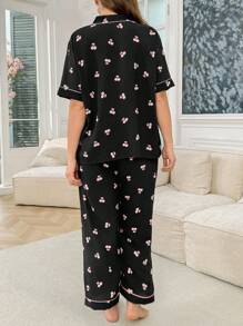 SHEIN Conjunto de pijama con cardigan con volantes y estampado de cerezas, talla grande