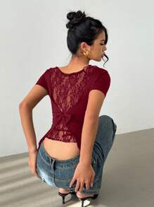 Siren Gaze Women Bow Lace Splicing Slimming Black Sexy Short Shoulder Exposing Tops Christmas Summer New Year Red Burgundy Valentine's Day - Burgundy - View 1