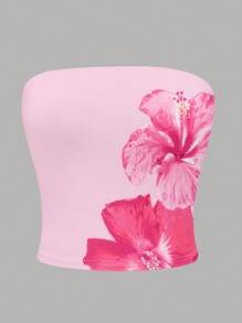 INAWLY Women's Casual Vacation Pink Hibiscus Floral Print Bandeau Tube Top